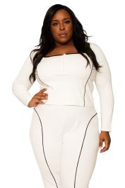 売れ筋商品|||ポエティックジャスティス カットソー トップス レディース Plus Size Square Zip Neck Ponte Knit Moto Top Ivory Coco Women's Plus Size Square Zip Neck Ivory Ponte Knit Moto Top