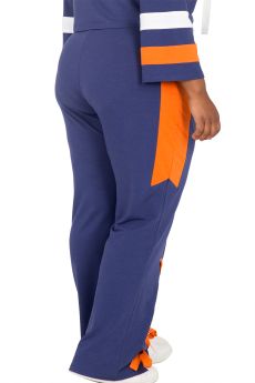 Plus Size Women's Curvy Fit Navy & Orange Mid-Rise Flared Pants with Lace Up Hem