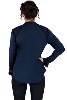 Jordyn Navy Blue and Black Silky Cupro Henley Work Blouse Back