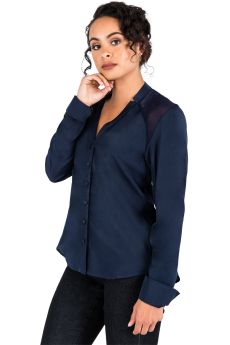 Jordyn Navy Blue and Black Silky Cupro Henley Work Blouse Front