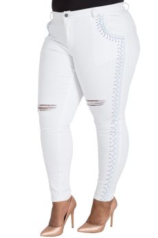 Plus Size Curvy Fit White Destroyed Skinny Jeans with Geometric Embroidery