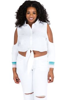 Poetic Justice Plus Size Button-Down White Polin Tie Front Crop Top with Athletic Cuff Sleeves