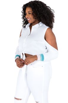 Poetic Justice Plus Size Button-Down White Tie-Front Collared Shirt with with Athletic Cuff Sleeves