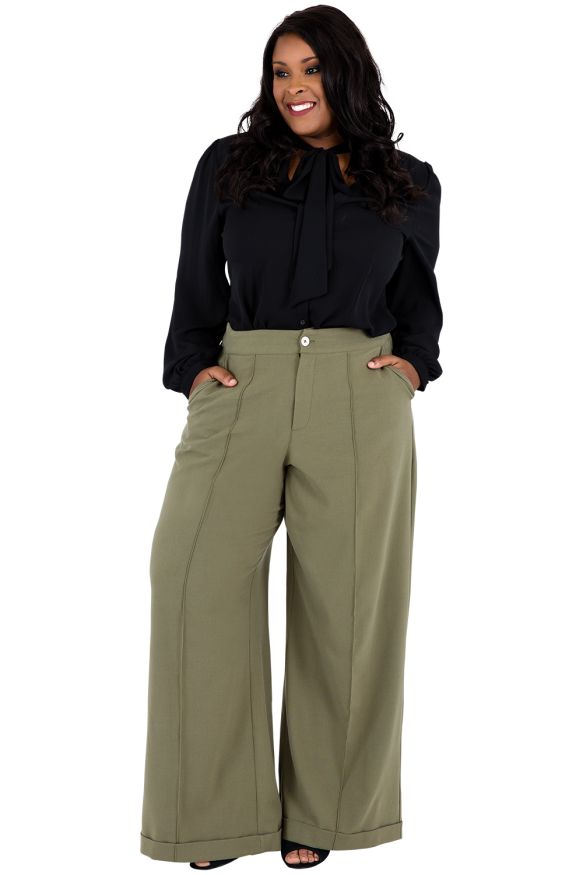 Poetic Justice | Plus Size Myeisha Olive Green Wide Leg Trouser Pants |  High Fashion For Curvy Black Women